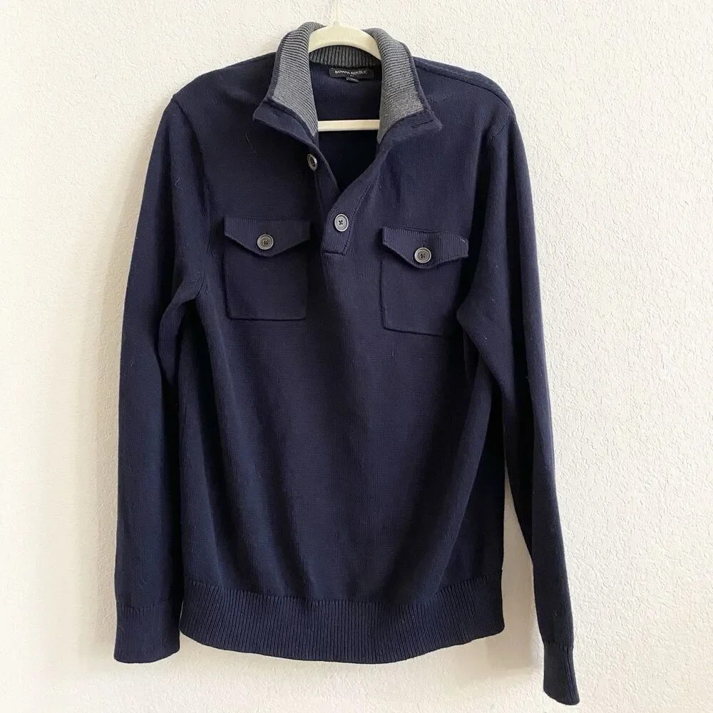 Banana Republic Sweater Men's Medium Navy Blue Button Collar‎ 100% Cotton